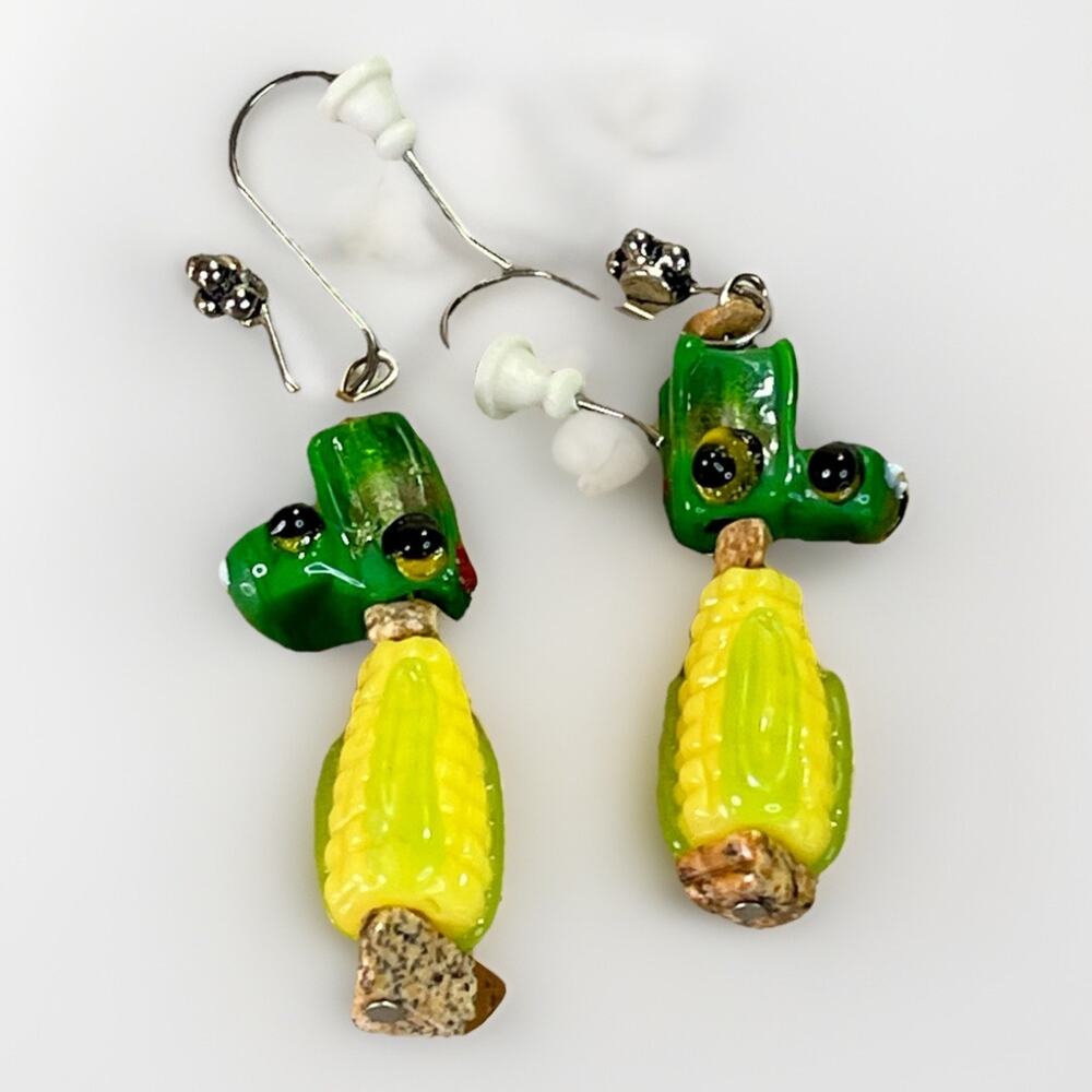 Handmade Glass Corn Cob & Green Tractor Dangle Earrings Unique Novelty Jewelry